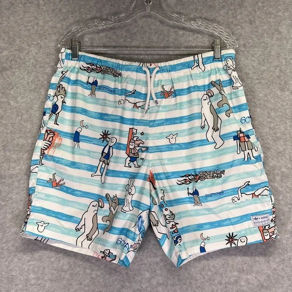 Adidas Swim Trunks Mens Large Blue Lined Gonz Skateboarding Mark Gonzales Art - Picture 1 of 10